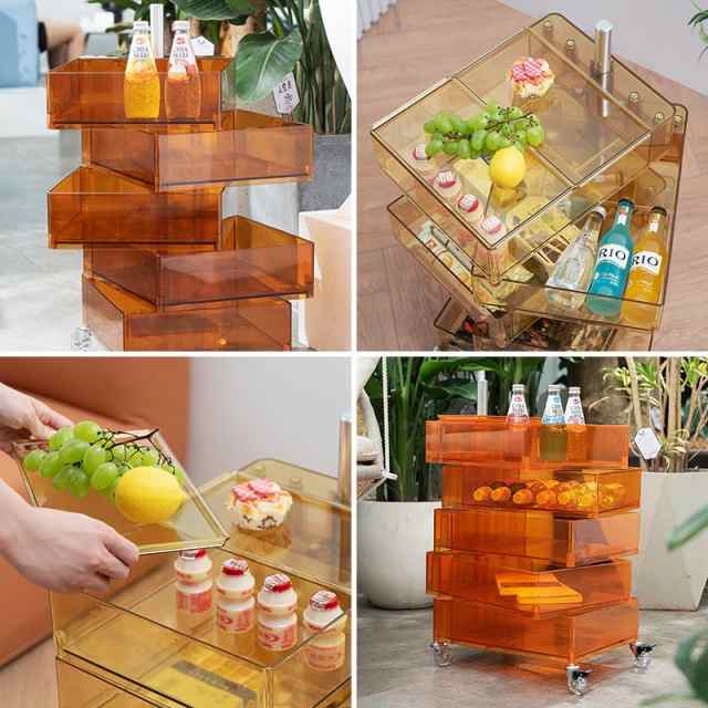 回転式引き出しトロリー 5段 透明 サイドテーブル 収納ラック キャスター付き モダン オフィス 美容室 収納 サイト収納 おしゃれ デザイの通販は