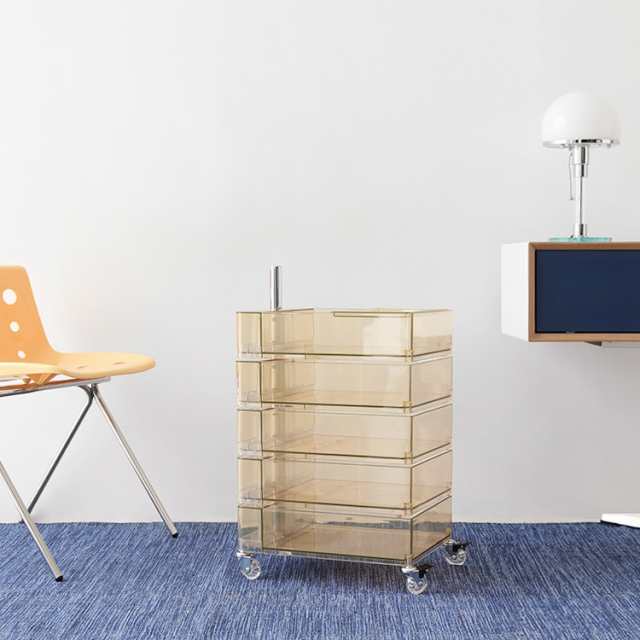 回転式引き出しトロリー 5段 透明 サイドテーブル 収納ラック キャスター付き モダン オフィス 美容室 収納 サイト収納 おしゃれ デザイの通販は