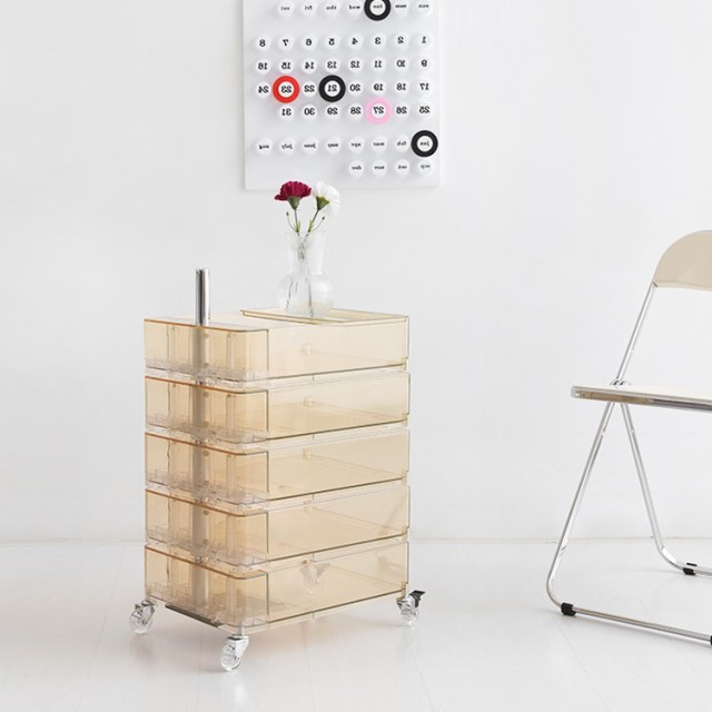 回転式引き出しトロリー 5段 透明 サイドテーブル 収納ラック キャスター付き モダン オフィス 美容室 収納 サイト収納 おしゃれ デザイの通販は