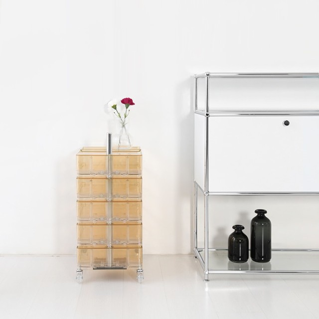 回転式引き出しトロリー 5段 透明 サイドテーブル 収納ラック キャスター付き モダン オフィス 美容室 収納 サイト収納 おしゃれ デザイの通販は