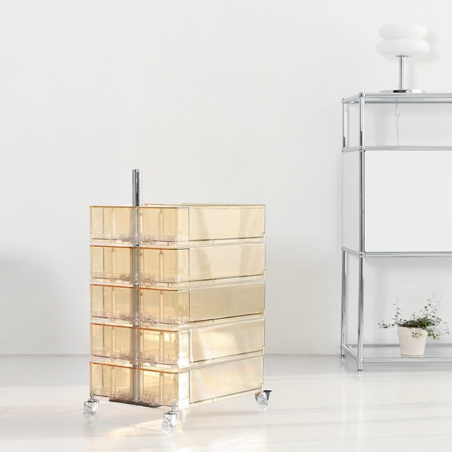 回転式引き出しトロリー 5段 透明 サイドテーブル 収納ラック キャスター付き モダン オフィス 美容室 収納 サイト収納 おしゃれ デザイの通販は