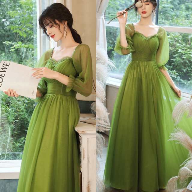 ロング ドレス パーティードレス グリーン 緑 プリンセス 個性的 袖あり チュール 透け感 大人可愛い レトロ 結婚式 二次会 お呼ばれ フの通販は