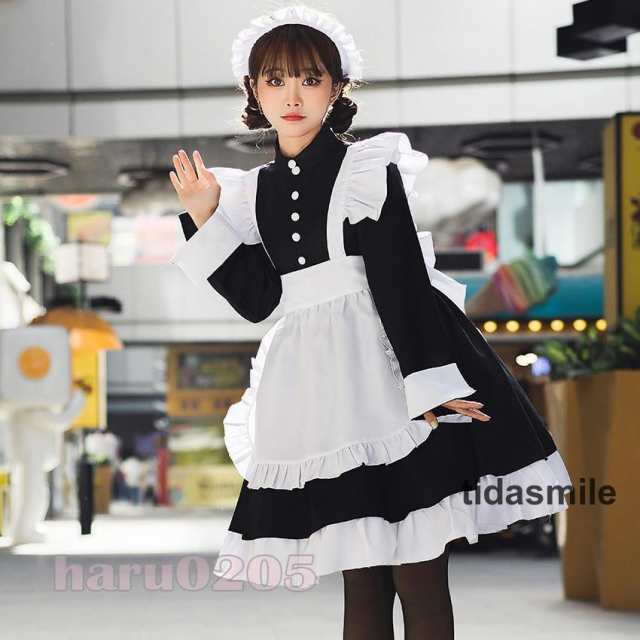 メイド服 黒白 ワンピース 長袖  レディース  膝丈 エプロン 髪飾り付き  クラシカル メイド ロリータ フリル 制服 喫茶店変装 パーティの通販は 5,874円