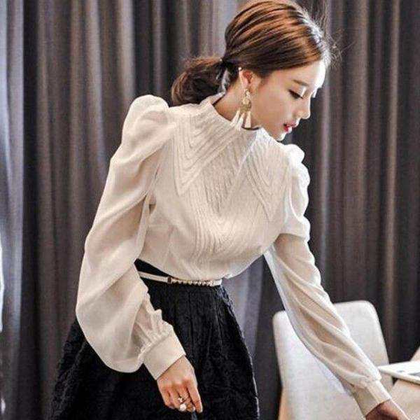 ハイネック シャツ ブラウス 長袖 トップス レディース 春 秋 白 黒 大きいサイズ 3L スタンドカラー ボリューム袖 パフスリーブ 立ち襟の通販は 5,218円