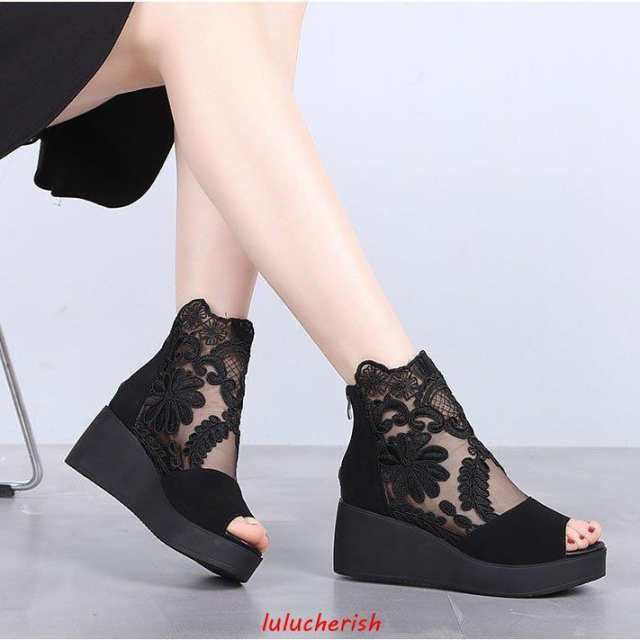 厚底サンダルレディースレースサンダルヒール6.5cmオープントゥウェッジソールオシャレサマーブーツブーティメッシュカジュアル美脚靴パの通販は 5,399円