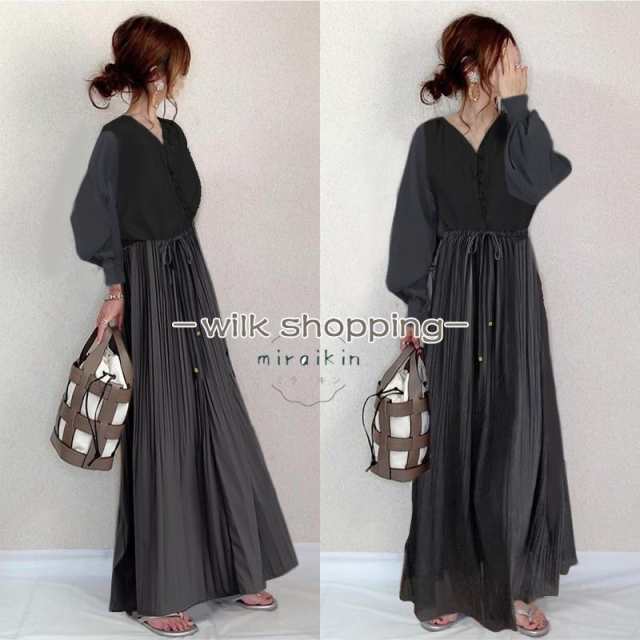 ワンピース春30代 ハイウエスト 長袖ワンピース40代 フレアワンピース Aラインワンピース ロングワンピース Vネック ウエストゴム リボンの通販は 6,028円