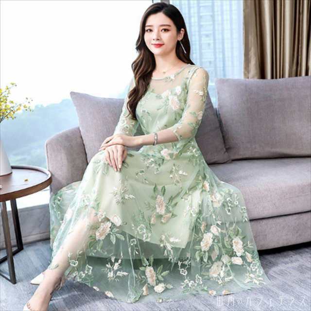 ロングドレス 2色 ドレス 衣装 ワンピース パーティドレス カラードレス ロング ミモレ アンクル丈 袖あり 長袖 半袖 Uネック ラウンドネの通販は 8,643円