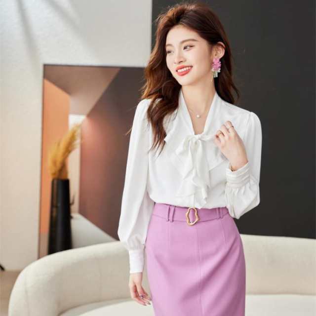 ブラウス レディース 長袖 黒 白 カジュアル シャツ Vネック おしゃれ エレガント ボウタイ シフォン トップス パフスリーブ オフィス 通の通販は