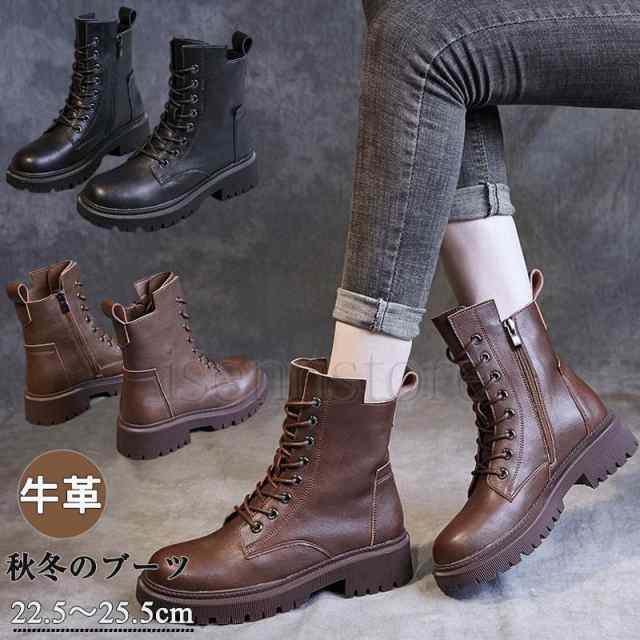 ブーツ 厚底ブーツ 編み上げ レースアップブーツ 本革 ブーツ レディース トラックソール 4cmヒール ショート ブーツ サイドジップ ブーティ疲れない 冬 裏起毛の通販は 6,690円