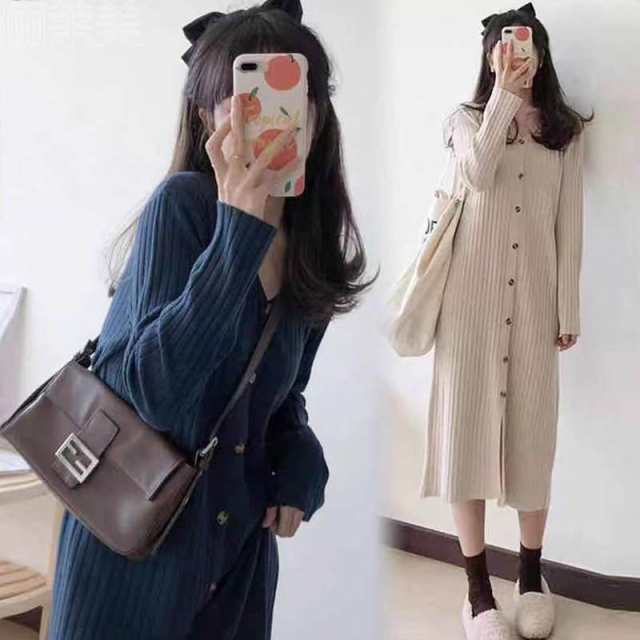 レディース ファッション フロントボタン 着痩せ ニットワンピ 前スリット ワンピース ひざ丈 膝下 ミディアム丈 袖あり 長袖 ドロップショルダー Vネック 襟なし Iライン スマート リブ ニット きれいめ シンプル カジュアル 大人 上品 おしゃれ こなれ感 無地 春 秋 冬の通販は