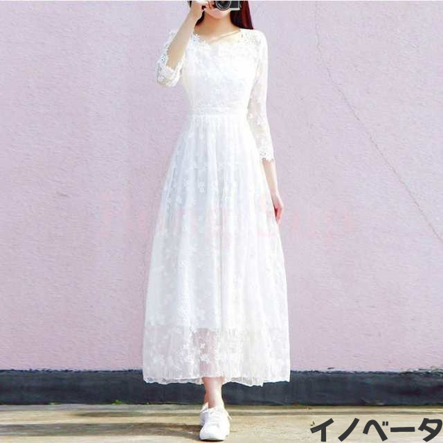白ワンピース マキシワンピ 7分袖 レース ワンピース レディース リゾート夏ロング丈 ホワイト パーティードレス 結婚式 大人 女性 謝恩の通販は