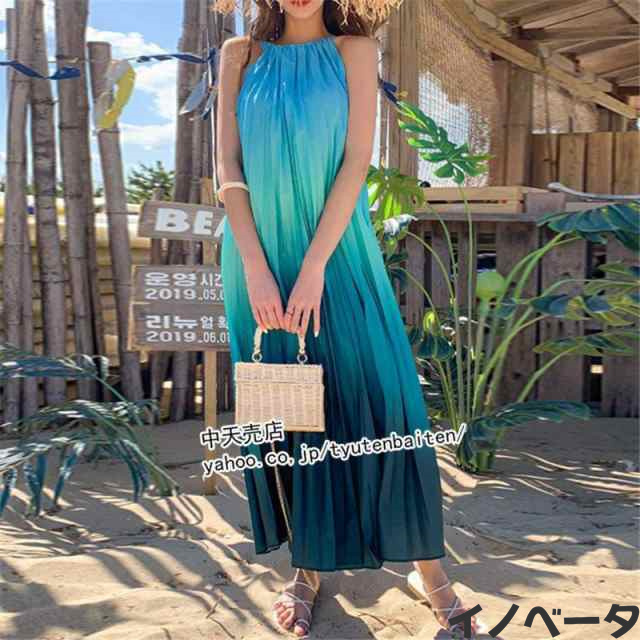 マキシワンピース ノースリーブ プリーツスワンピ リゾート レディース20代~40代 ゆったり きれいめ カジュアル お出かけ ビーチ ハワイの通販は
