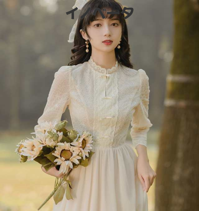 レースワンピース ロングワンピース 森ガール 長袖 ロング丈 ミモレ丈 ハイウエスト フレアワンピース トレロ 春ワンピース  お嬢様 春の通販は 6,298円