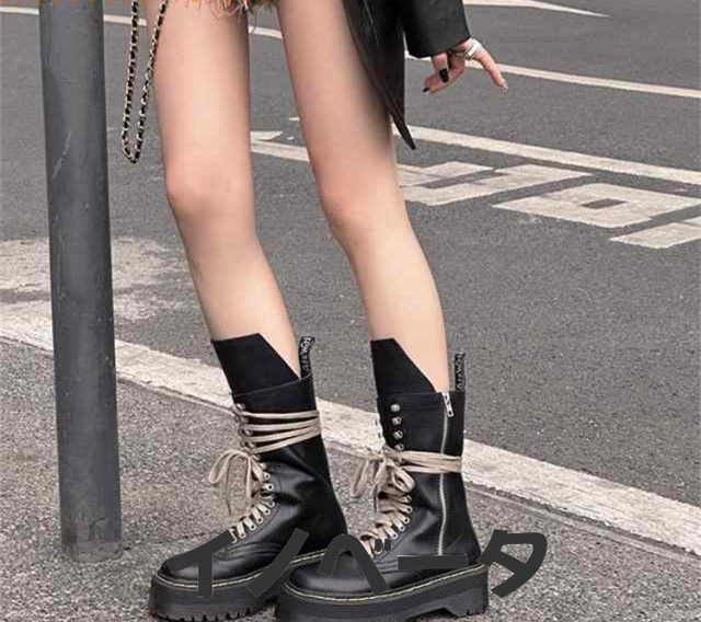 マーティンブーツ レディース ブーツ 厚底 編み上げ ショートブーツ 秋 冬 カジュアル ミドルブーツ ファッション 黒 厚底靴 レースアッの通販は