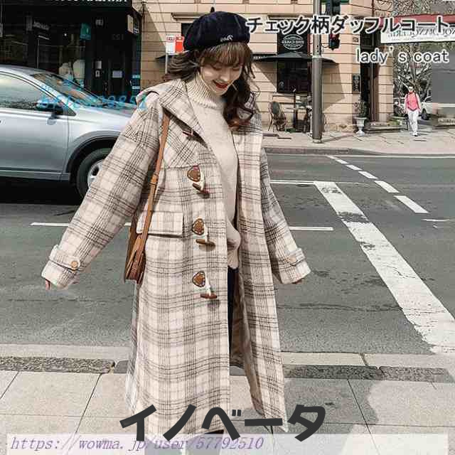 ダッフルコート グレンチェック レディース コート 冬 フード付きコート 冬コート レトロ チェック柄コート ロングコート 学院風 厚手の通販は