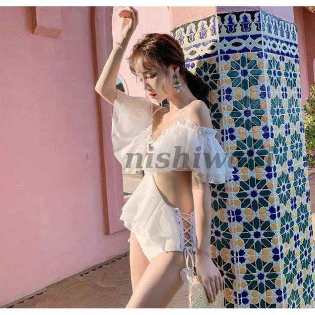 レディース水着 ビキニ フリル レースアップ ワンピース水着 体型カバー 紐  フェミニン 体型カバー プール ビーチ リゾートの通販は