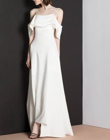 パーティードレス フリル スリット オフショルダー ロング丈 無地 シンプル シック フェミニン ドレス 結婚式 二次会 お呼ばれの通販は
