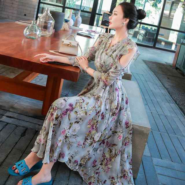 ワンピース レディース 40代 きれいめ マキシワンピース 夏 長袖ワンピース 花柄フレア Vネック 肩空き aラインスカート ひざ下 オシャレの通販は