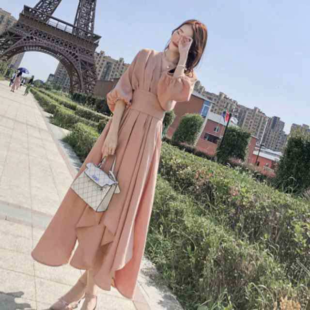 ワンピース 膝下 袖あり 7分袖 七分袖 Vネック フレア Aライン シフォン ウエストマーク かわいい 大人可愛い きれいめ シンプル カジュの通販は