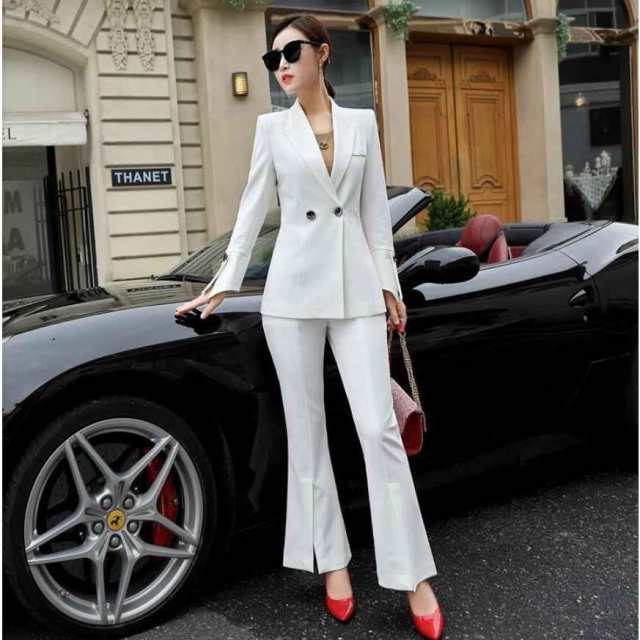 スーツ レディース パンツスーツ ワイドパンツ スリット 2点セット オフィス 大きいサイズ 白 ホワイトの通販は