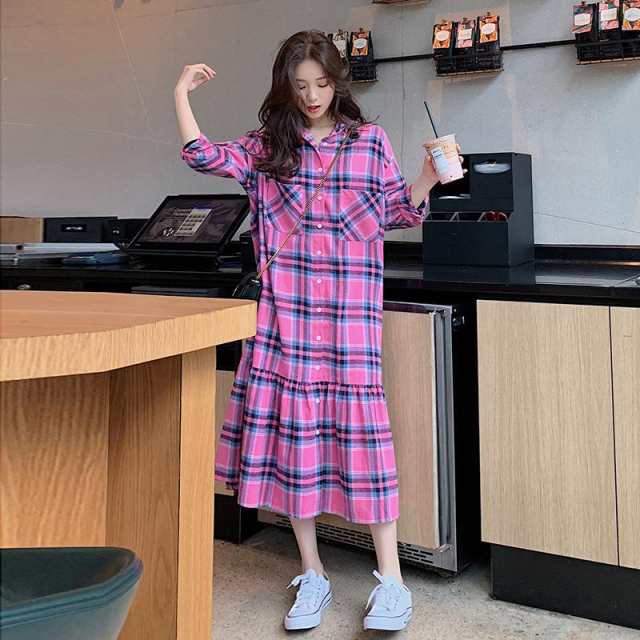 ワンピース レディース シャツワンピ チェック柄 マーメイドスカート ロングワンピ ミモレ丈 長袖 フレアワンピ 体型カバー春 春夏 春服 夏 秋 5,441円