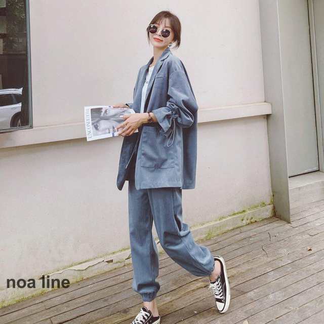 レディースファッション セットアップ ジャケット パンツ レディース 春 秋 グレーパープル 長袖 襟付き ボタン シングルブレスト ポケッの通販は