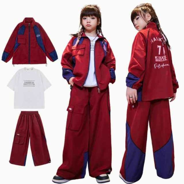 ダンス衣装 ヒップホップ キッズダンス衣装 セットアップ 赤 Tシャツ 白 パンツ レッド 子供服 女の子 男の子 トップス 赤 HIPHOP 韓国 原宿系 演出服 練習着 発表会 おしゃれ スタジャン トレーナー kpop jazz 長袖の通販は
