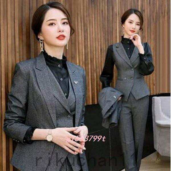 スリーピースレディーススーツフォーマルパンツスーツ大きいサイズ無地長袖ビジネススーツ結婚式二次会OL女性通勤オフの通販は