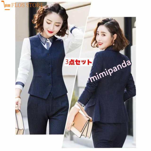 スカートスリーピーススーツレディースビジネススーツパンツスーツ３点セットストライプ柄ベスト付きミセススーツフォーマル通勤オフィスの通販は