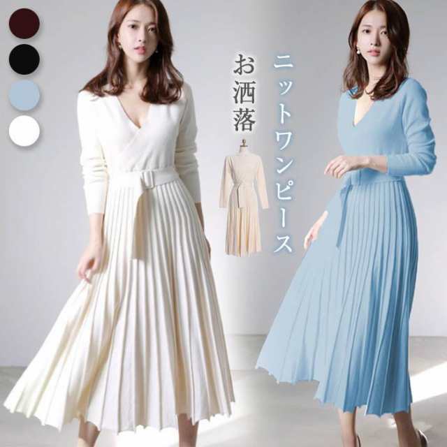 レディース ニットワンピース ドレス メリヤス プリーツ 長袖 ベルト付き ルロング丈 秋冬 ワンピース 無地 韓国風 着痩せ 上品 通勤 30の通販は 4,812円