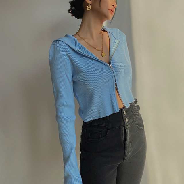 トップスレディースパーカーニットスリムジップアップフーディリブニットフーディダブルジップカットソーミニ丈ショート丈長袖の通販は 6,275円