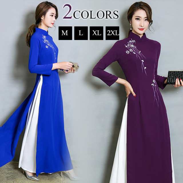 チャイナドレスロング花柄ワンピース長袖チャイナドレス風ワンピース長袖アオザイチャイナドレス発表会ドレスロンの通販は 6,240円