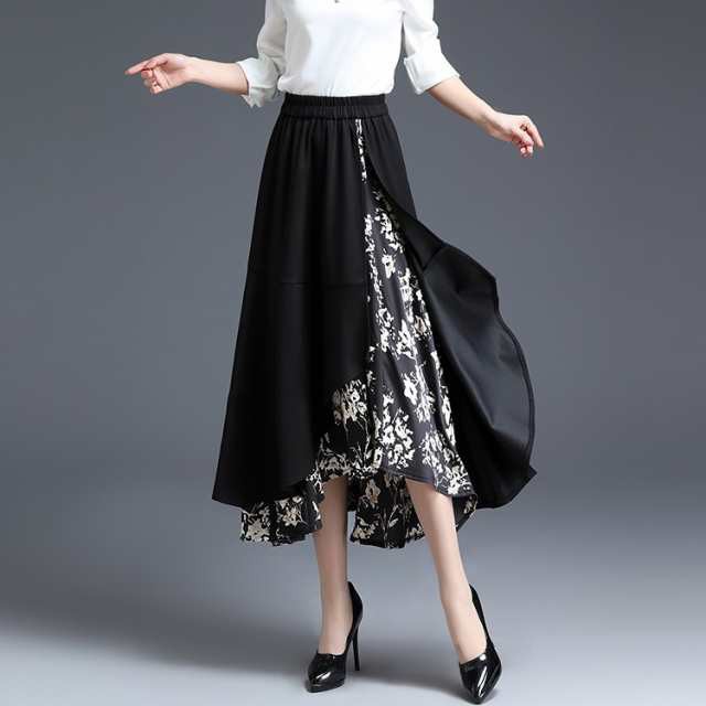 エレガントスカート Aラインスカート 春 秋 新作 ハイウエスト ロングスカート アシンメトリー コントラストカラー モノトーン ドレープ 5,747円