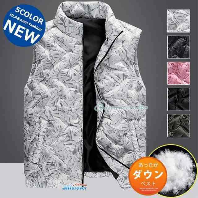 ダウンベスト メンズ 防寒 ベスト 厚手ベスト 白ダウン 葉柄 無地 キルティング ハイネック 暖かアウター 軽めベスト 秋冬の通販は