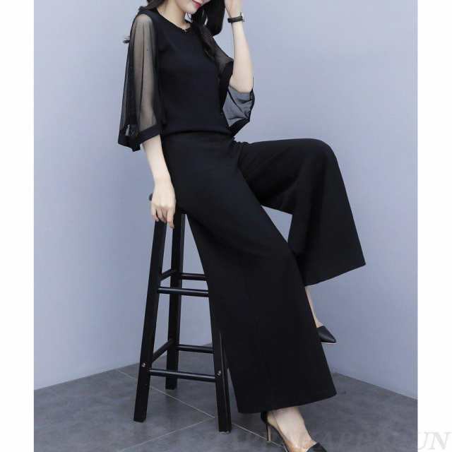 [] かっこいいパンツドレス 袖あり 黒 セパレート パーティードレス 結婚式 お呼ばれ ドレス 30代 40代 50代 黒ドレス セットアップ 大き