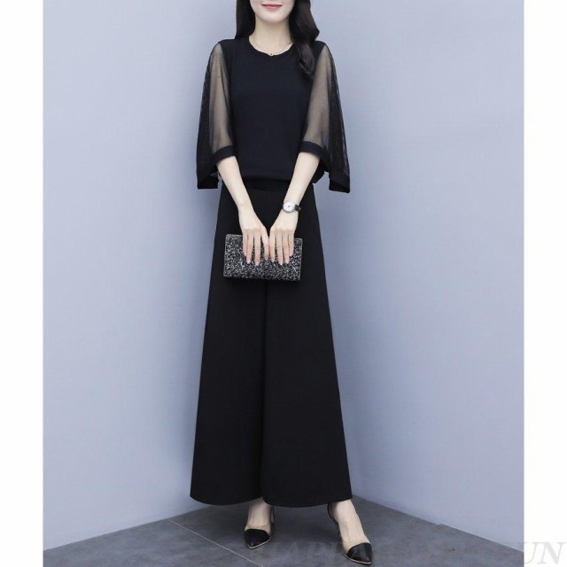 [] かっこいいパンツドレス 袖あり 黒 セパレート パーティードレス 結婚式 お呼ばれ ドレス 30代 40代 50代 黒ドレス セットアップ 大き