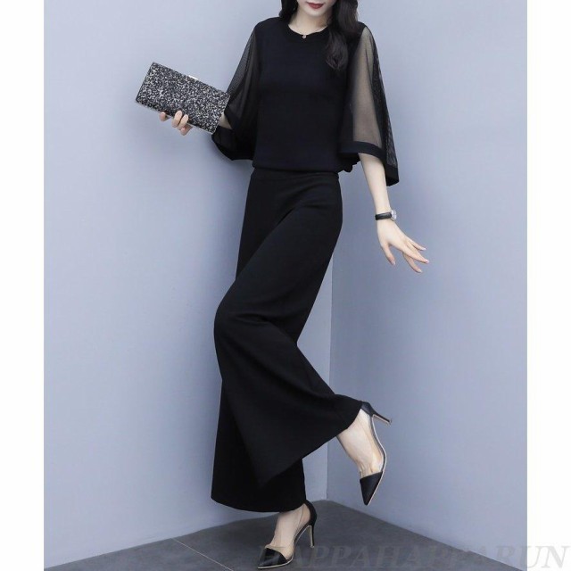 [] かっこいいパンツドレス 袖あり 黒 セパレート パーティードレス 結婚式 お呼ばれ ドレス 30代 40代 50代 黒ドレス セットアップ 大き