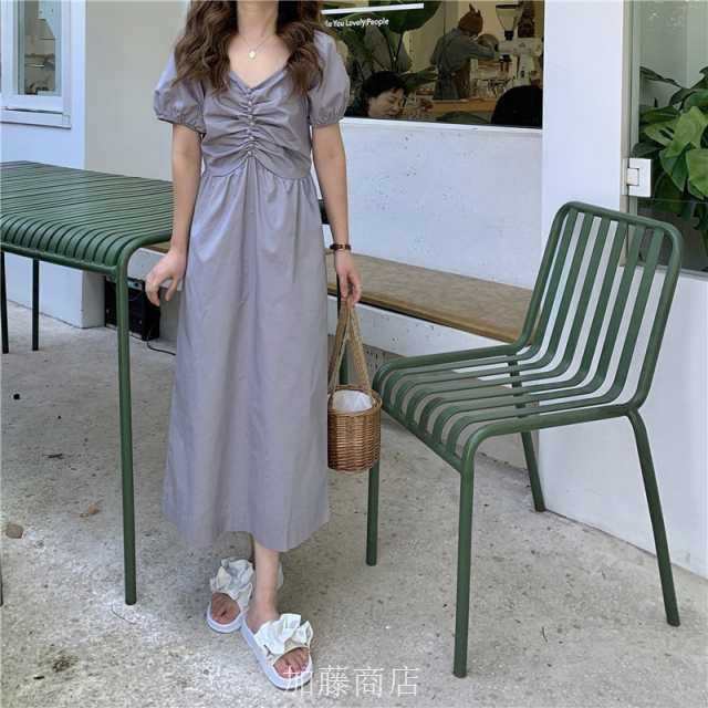 ワンピース Aラインワンピース ワンピ パフスリーブ シャーリング オールインワン フロント ボタンウエスト 切り替えし ボタン S M グレの通販は