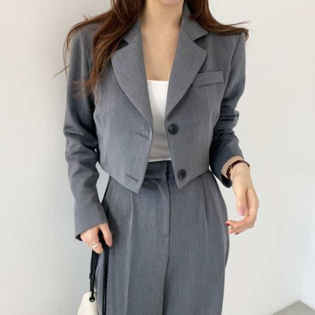 2色 セットアップ ジャケット パンツ スーツ 上下セット かっこいい 長袖 シンプル 無地 ツーピース 黒 グレー 個性的 ショート丈 上着の通販は 8,432円