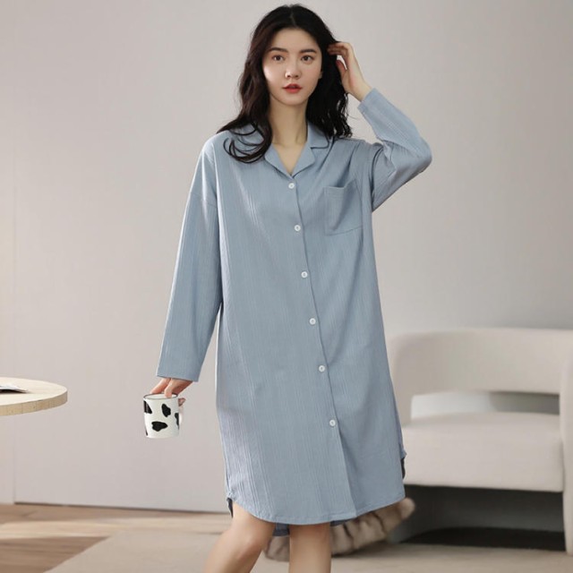 パジャマ ワンピース ボタン付き 長袖 マキシワンピース パジャマ 夏 ロング丈 無印 無地 モダール ルームウェア ロングＴシの通販は 5,230円