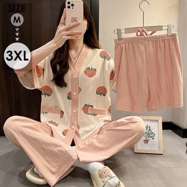 3点セット パジャマ 夏用 レディース ルームウェア 桃柄 部屋着 女性用 半袖上着 パンツ 短パン 長ズボン 着心地抜群 涼しい 爽やか レデ 5,465円