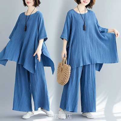 綿麻 上下セット チュニック＋ワイドパンツ 体型カバー お尻すぽっり レディースセットアップ ママスーツ 30代 40代 中年の通販は 5,772円