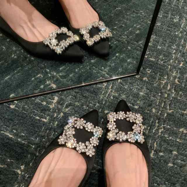 パンプス 花柄 スクエアバックル シルク ポインテッドトゥ フラットシューズ レディース ウェディングシューズ ポインテッドトゥ