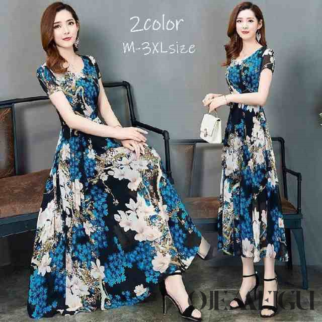 ワンピース レディース フレア 半袖 ラウンドネック ロング丈 マキシ シフォン 花柄 フラワー 大判 上品 おしゃれ エレガント お出かけ 女性用の通販は