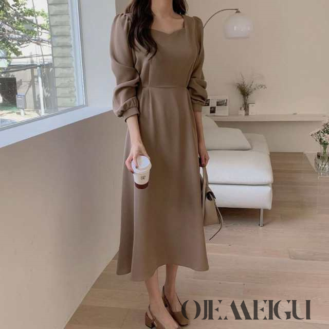 ワンピース レディース 40代 50代 きれいめ 春 秋 フォーマル 無地 スクエアネック 長袖 パフスリーブ ロング丈 Aラインの通販は