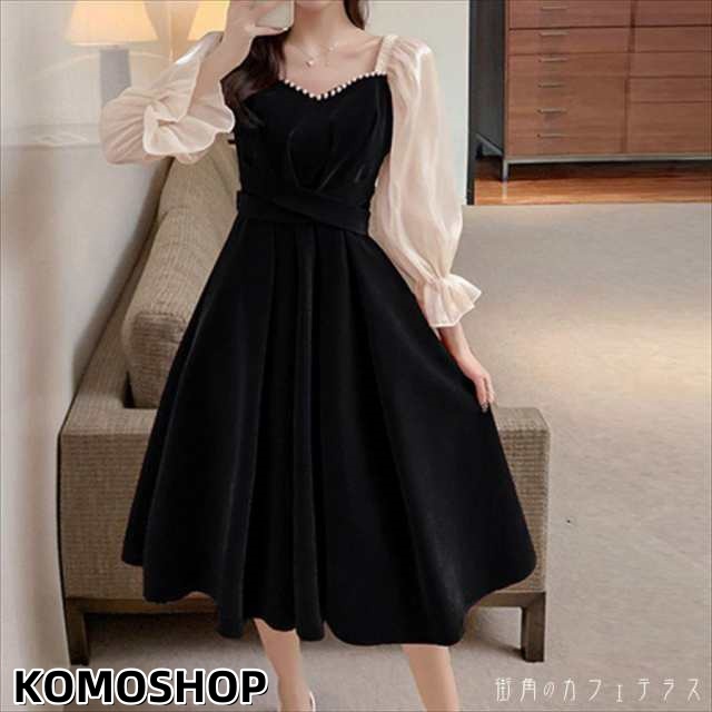 ロングドレス 2色 ワンピース ドレス dress 衣装 パーティドレス カラードレス ロング ロング丈 膝丈 ひざ丈 袖あり 長袖 フレアスリーブ ラウンドネック Aライン フレア ドッキング 異素材切り替え ベロア サテン フォーマル エレガント 可愛い 大人可愛い きれいめ シンプル