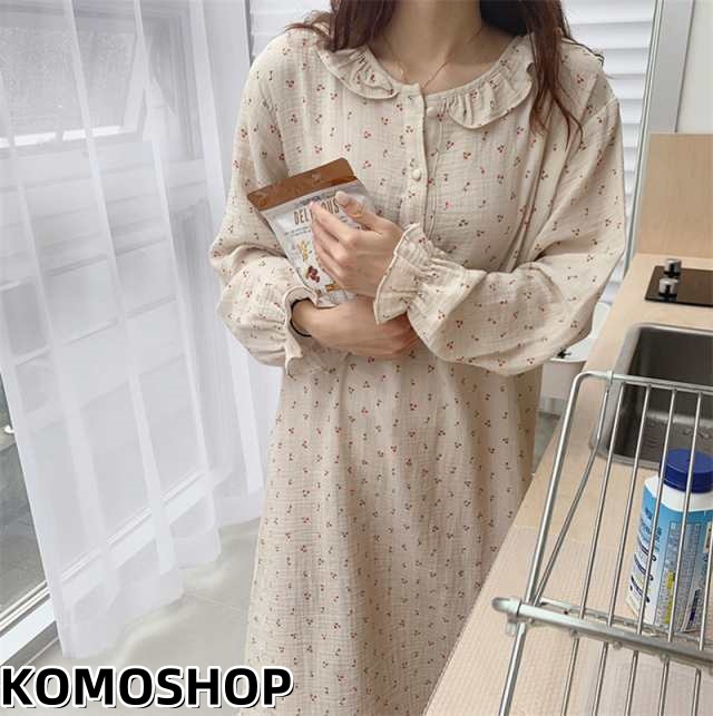 レディース パジャマ ワンピース 長袖 ロング フリル さくらんぼ柄 ラウンドネック 丸襟 ボタン ルームウェア 部屋着 寝巻き ナイトウェ