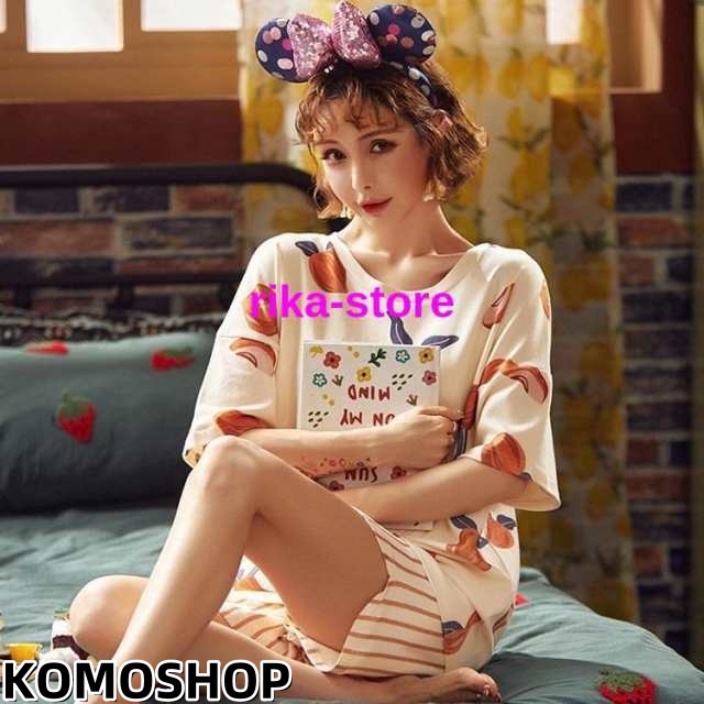 パジャマ レディース 夏 可愛い 果物柄 半袖 上下セット 寝巻き 部屋着 Tシャツ ズボン 韓国風 オシャレ きれいめ ルームウエア ゆったり