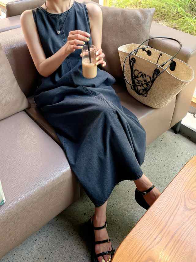 デニム ワンピース 大きいサイズ デニムワンピース ノースリーブ ロングワンピース レディース きれいめ ジーンズ クルーネック 袖なし デニムワンピ 夏 秋 春 マキシ丈ワンピース Iライン バックリボン ポケット サロペットワンピース ロング丈 ワンピ 重ね着 着回し
