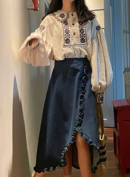 セットアップ ブラウス スカート 長袖 ボリューム袖 丸襟 ミモレ丈